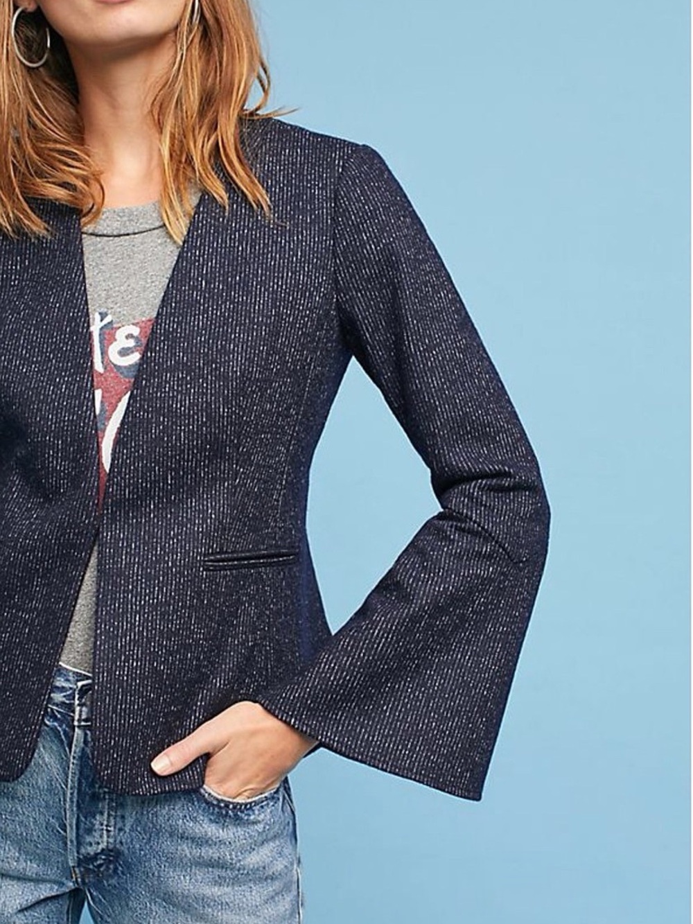 Cartonnier Anthropologie Navy Pinstriped Wool Blazer with Flared Sleeves Size 12